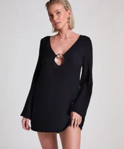 Beach Long-Sleeved Ring Dress - Black