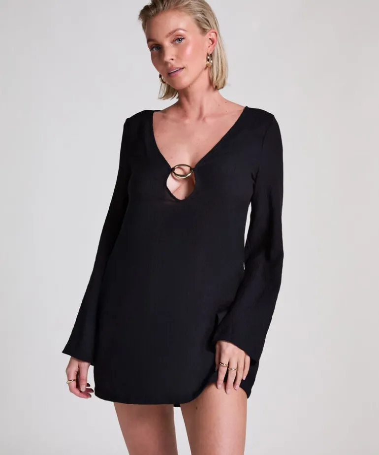 Beach Long-Sleeved Ring Dress - Black