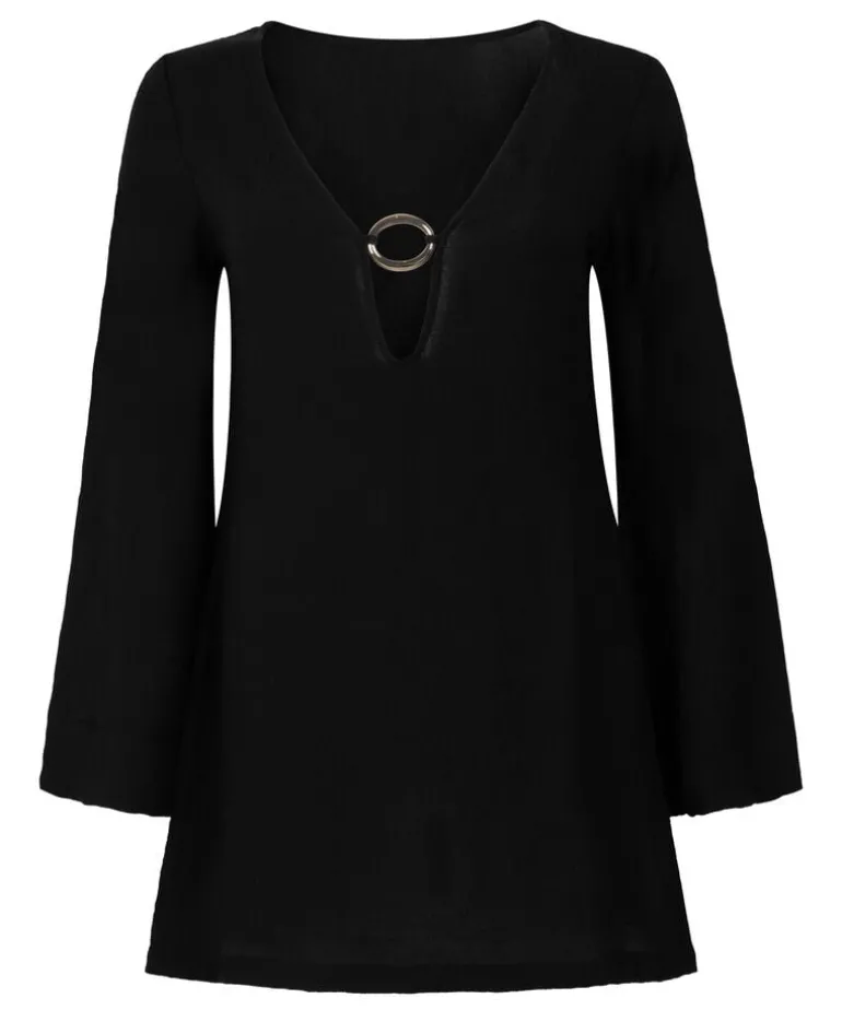 Beach Long-Sleeved Ring Dress - Black