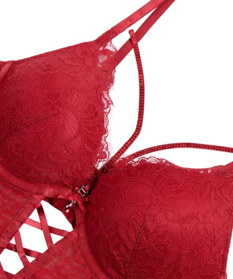 Charlotta Padded Underwired Longline Push-Up Bra - Red