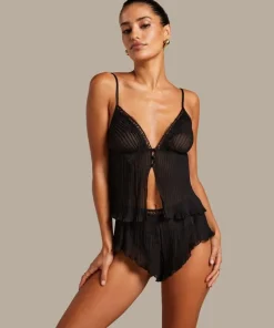 Chiffon Plisse Cami Set - Black