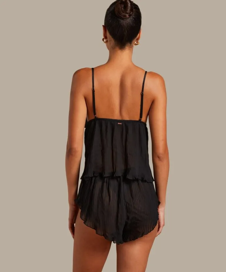 Chiffon Plisse Cami Set - Black