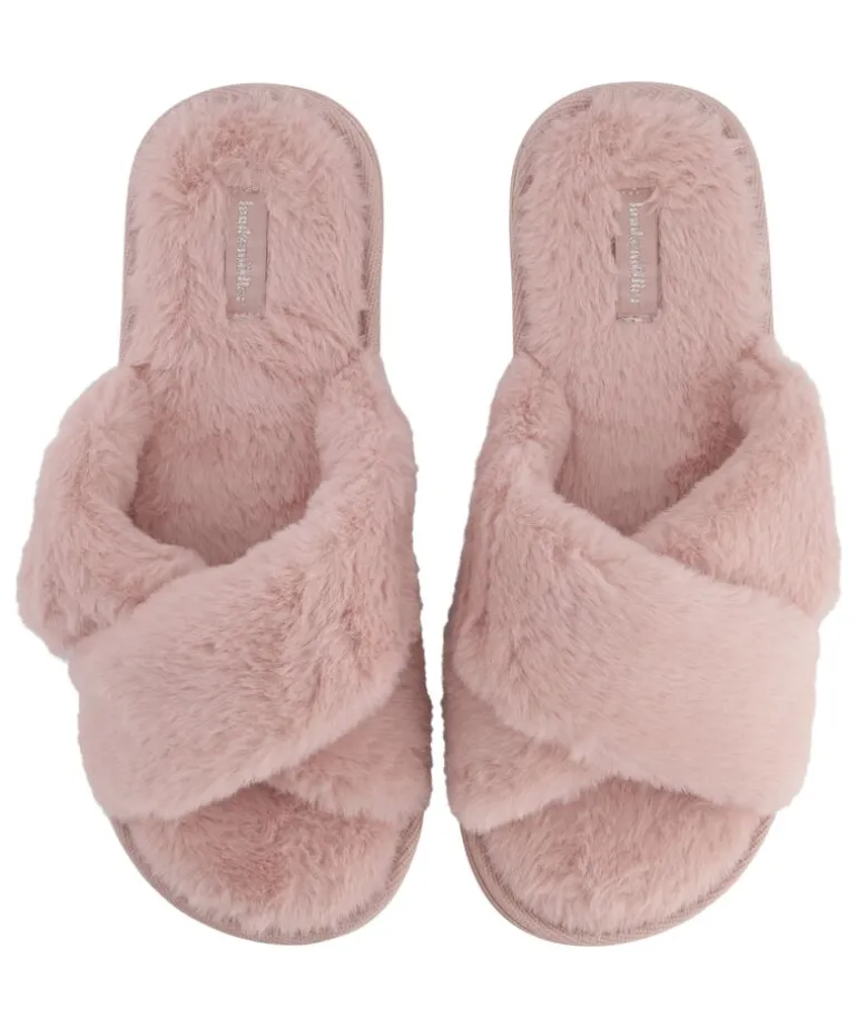 Crossed Fake Fur Slippers - Pink