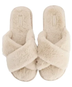 Crossed Fake Fur Slippers - Beige