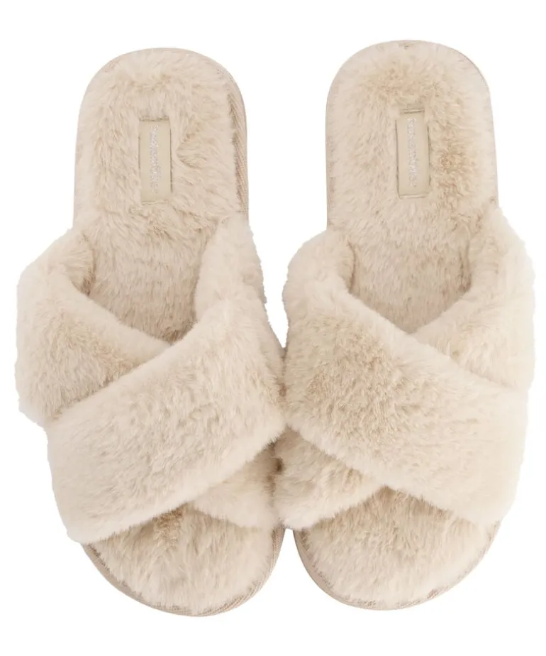 Crossed Fake Fur Slippers - Beige