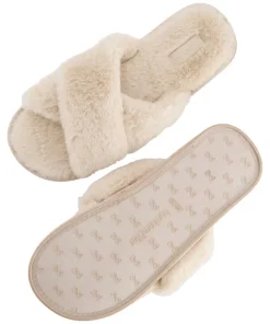 Crossed Fake Fur Slippers - Beige