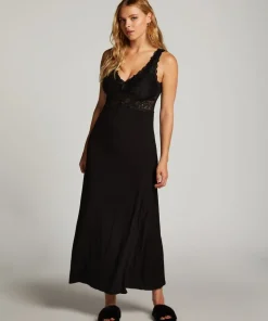 Nora Lace Long Slip Dress - Black