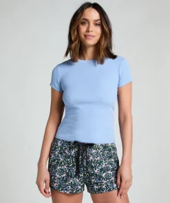 Ribbed Crew Neck Short-Sleeved Pyjama Top - Blue