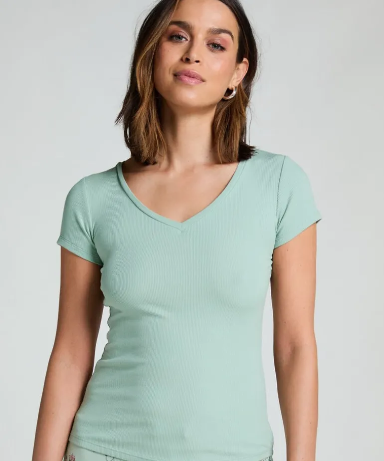 Ribbed Jersey Short-Sleeved Pyjama Top - Green