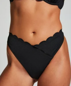 Scallop High-Leg Bikini Bottoms - Black