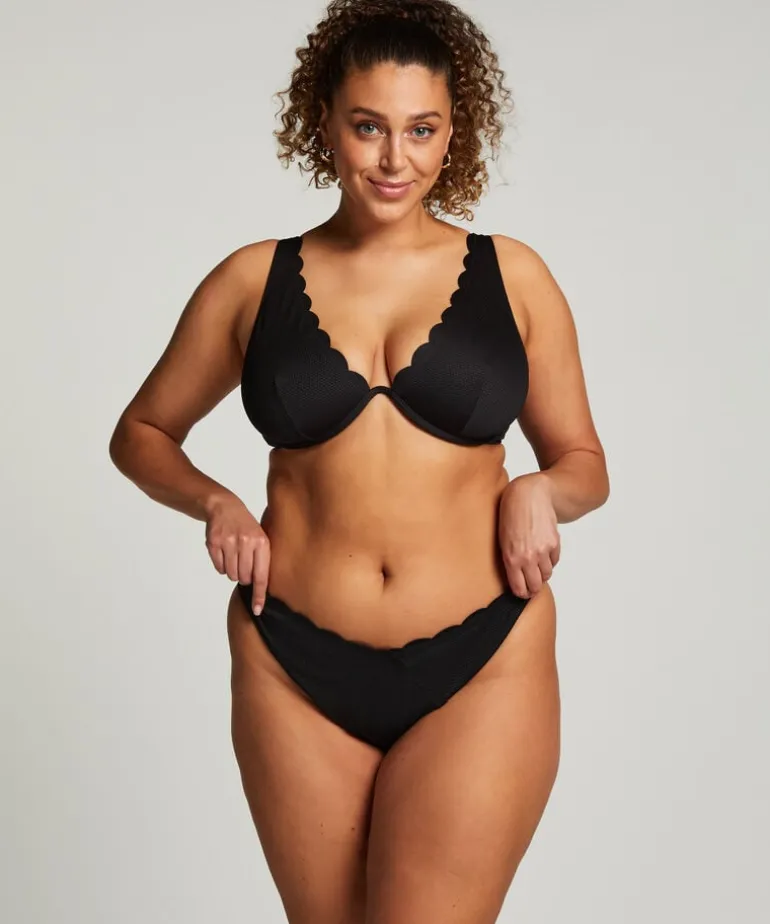 Scallop High-Leg Bikini Bottoms - Black
